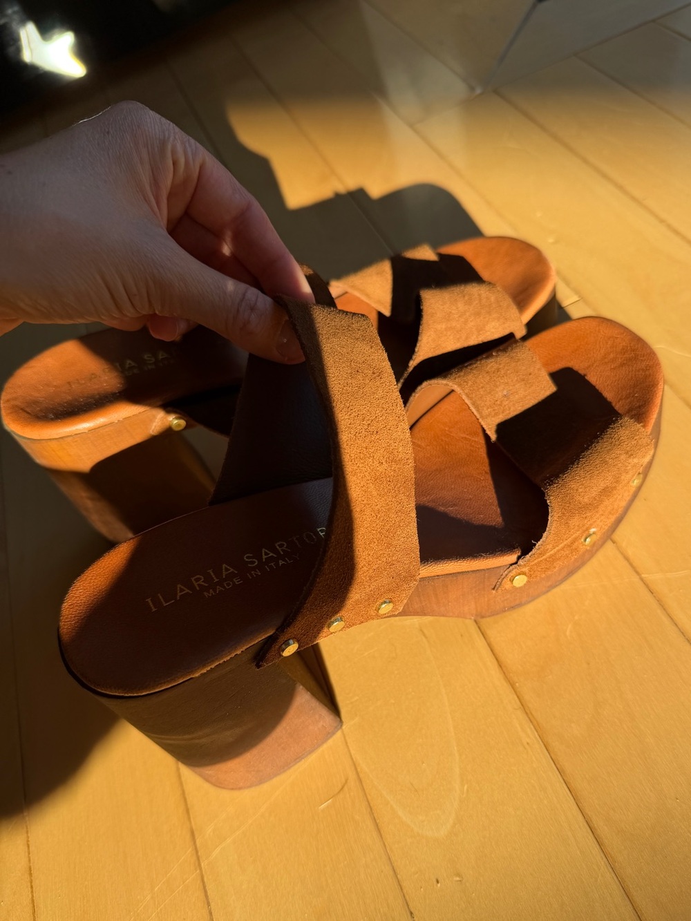 Ilaria Sartori brown suede platform clogs with a wooden block heel size 8